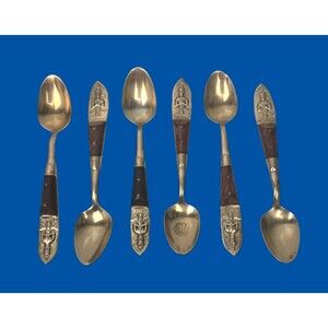 Vintage 6 Demitasse Spoons Buddha Bronze Rosewood Flatware Siam Thailand 4.25”